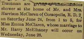 Marriage Notice for Harry McELHANEY to Emma McClaren, 28 Jun 1905