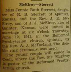 Marriage Notice for J. J. McELROY to Jennie Ruth Sterrett, 12 Jun 1941