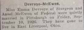 Marriage Notice for Ansel McEWEN to Emma Devroye, 10 Sep 1926