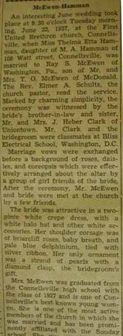 Part 1 Marriage Notice for Ray S. McEWEN to Thelma Etta Hamman, 22 Jun 1937