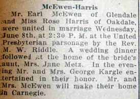 Marriage Notice for Earl McEWEN to Rose Harris, 8 Jun 1927
