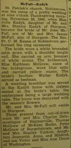 Marriage Notice for John McFALL to Julia Kadyk, 28 Nov 1940