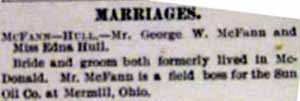 Marriage Notice for George W. McFANN to Edna Hull, no date, in 7-10-1897 paper