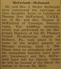 Marriage Notice for Thomas Ivor McFARLAND to Anne McDonald, 5 Jun 1944