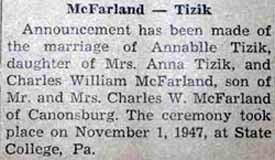 Marriage Notice for Charles William McFARLAND to Annabelle Tizik, 1 Nov 1947