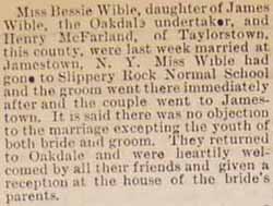Marriage Notice for Henry McFARLAND to Bessie Wible, no date, in 5-13-1893 paper