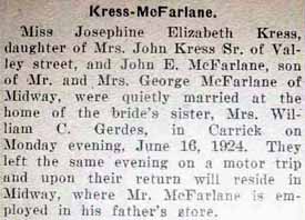 Marriage Notice for John E. McFARLANE to Josephine Elizabeth Kress, 16 Jun 1924