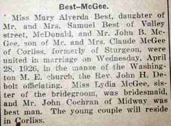 Marriage Notice for John B. McGEE to Mary Alverda Best, 28 Apr 1926