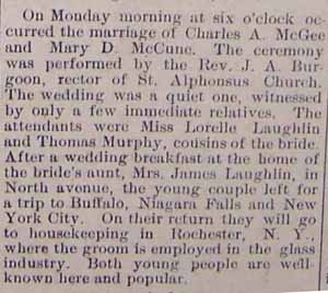 Marriage Notice for Charles A. McGEE to Mary D. McCune, no date, in 8-23-1912 paper