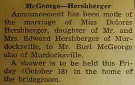 Marriage Notice for Burl McGEORGE to Dolores Hershberger, no date, in 10-18-1940 paper