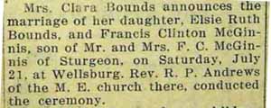 Marriage Notice for Francis Clinton McGINNIS to Elsie Ruth Bounds, 21 Jul 1928