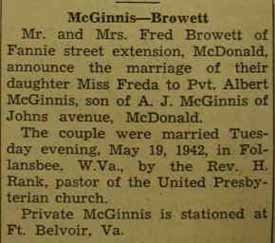Marriage Notice for Albert McGINNIS to Freda Browett, May 19, 1942