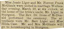 Marriage Notice for <b></b>Forrest Frank McGINNIS to Miss Jessie LIGER,&nbsp; March 22, 1911