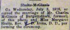 Marriage Notice for Charles McGINNIS to Margaret Shultz, 3 Jul 1918