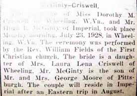 Marriage Notice for Hugh L. McGINTY to Dorothy M. Criswell, 23 Jul 1928