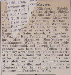 Article 2 Marriage Notice for John Leo McGOVERN to Margaret Elizabeth Shields,17 Aug 1927