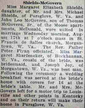 Article 1 Marriage Notice for John Leo McGOVERN to Margaret Elizabeth Shields, 17 Aug 1927