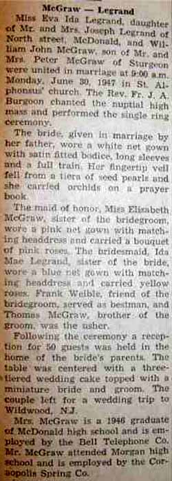 Marriage Notice for William John McGRAW to Eva Ida Legrand, 30 Jun 1947
