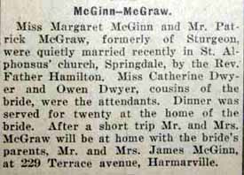 Marriage Notice for Patrick McGRAW to Margaret McGinn, no date, in 12-2-1921 paper