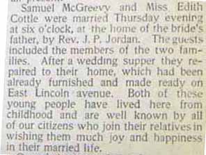 Marriage Notice for <b></b>Samuel McGREEVY to Edith Cottle, no date, in 11-1-1902 paper