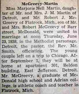 Marriage Notice for Robert J. McGREEVY to Marjorie Nell Martin, 23 Jun 1938