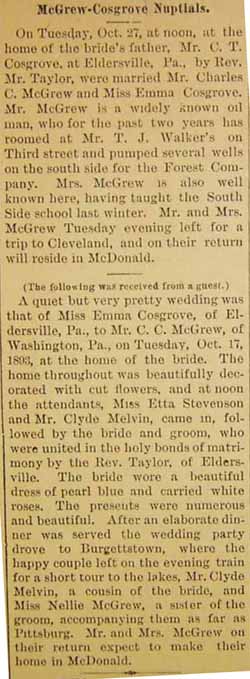 Marriage Notice for Charles C. McGREW to Emma Cosgrove, 17 Oct 1893