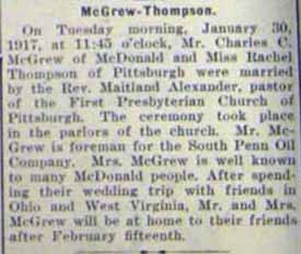 Marriage Notice for Charles C. McGREW to Rachel Thompson, 30 Jan 1917