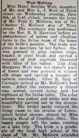 Part 1 Marriage Notice for Fred C. McGREW to Hazel Serelda Weir, 6 Jun 1923