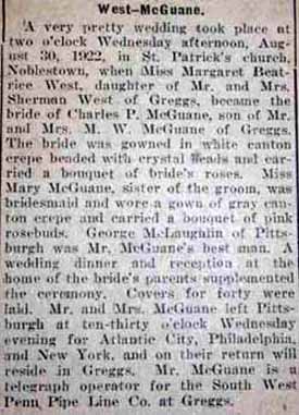 Marriage Notice for Charles P. McGUANE to Margaret Beatrice West, 30 Aug 1922