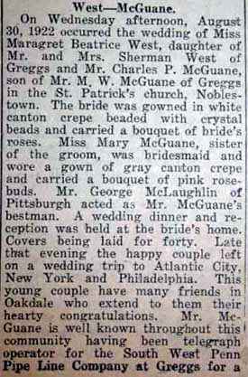 Part 1 Marriage Notice for Charles P. McGUANE to Margaret Beatrice West, 30 Aug 1922