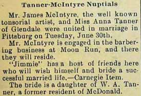 Marriage Notice for James McINTYRE to Anna Tanner, 30 Jun 1908