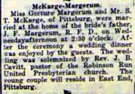 Marriage Notice for S. T. McKARGE to Gerture (sic) Margerum, no date, in 9-27-1919 paper