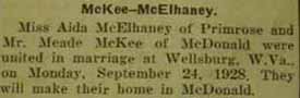 Marriage notice for Meade McKEE to Aida McElhaney, 24 Sep 1928