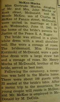 Marriage notice for Meade McKEE to Gertrude Mucha, 12 Jun 1940