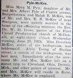 Marriage notice for Ralph B. McKEE to Myra M. Pyle, 25 Jun 1924