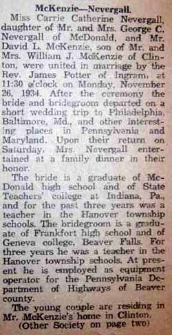 Marriage notice for David L. McKENZIE to Carrie Catherine Nevergall, 26 Nov 1934