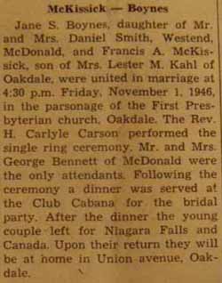 Marriage Notice for Francis A. McKISSICK to Jane S. Boynes, 1 Nov 1946