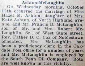 Marriage Notice for Francis D. McLAUGHLIN to Hazel M. Ashton, 12 Oct 1927