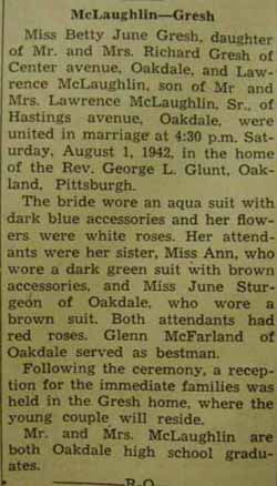 Marriage Notice for Lawrence McLAUGHLIN to Betty June Gresh, 1 Aug 1942