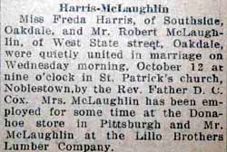 Marriage notice for Robert McLAUGHLIN to Freda Harris, 12 Oct 1927