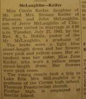 Marriage notice for  John McLAUGHLIN to Cecile Keifer, 27 Jul 1943