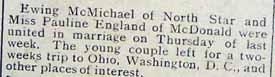 Marriage Notice for Ewing McMICHAEL to Pauline ENGLAND, Thurs., Jan., (no date), 1911