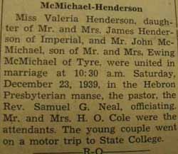 Marriage Notice for 
John McMICHAEL to Valeria Henderson, 23 Dec 1939