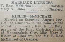 Article 1 Marriage License and the Notice for Ross McMICHAEL to Mary S. Kibler, 27 Aug 1921