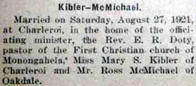 Article 2 Marriage Notice for Ross McMICHAEL to Mary S. Kibler, 27 Aug 1921