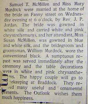 Marriage Notice for Samuel T. McMILLEN to Mary Murdock, no date, in 12-27-1902 paper