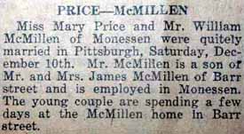 Marriage Notice for William McMILLEN to Mary Price, 10 Dec 1921