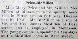 Marriage Notice for William McMILLEN to Mary Price, 10 Dec 1921