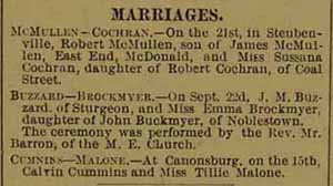 Marriage Notice for Robert McMULLEN to Susana Cochran, 21 Sep 1897