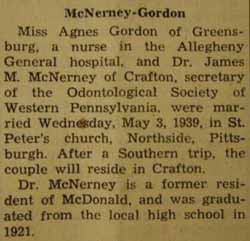 Marriage Notice for James M. McNERNEY to Agnes Gordon, 3 May 1939
